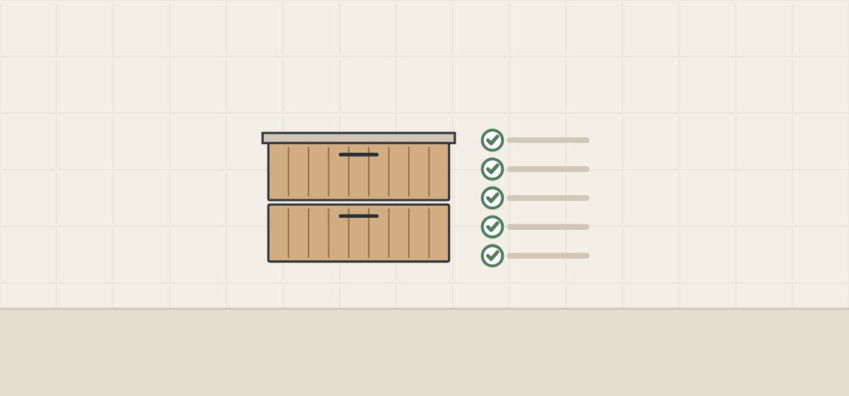 Illustration of a veneered vanity front elevation beside a ticked checklist