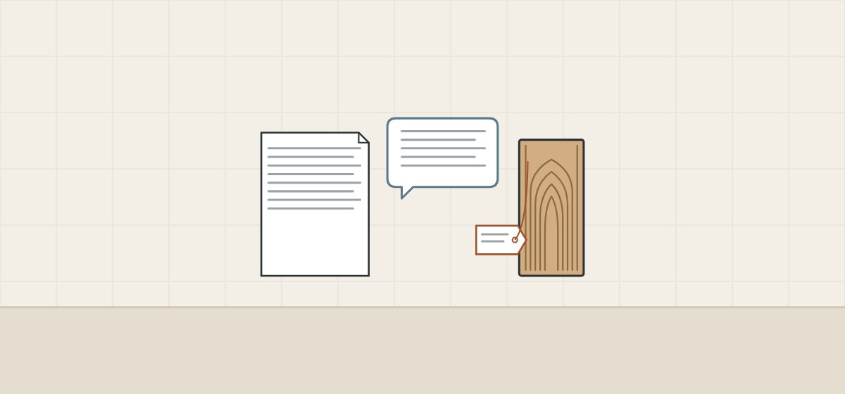 Illustration of a document, a message bubble and a tagged veneer sample