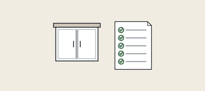 Illustration of a vanity cabinet beside a ticked component list
