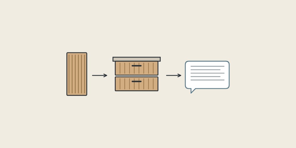 Illustration of a veneer sample, a vanity front elevation and a message bubble linked by arrows