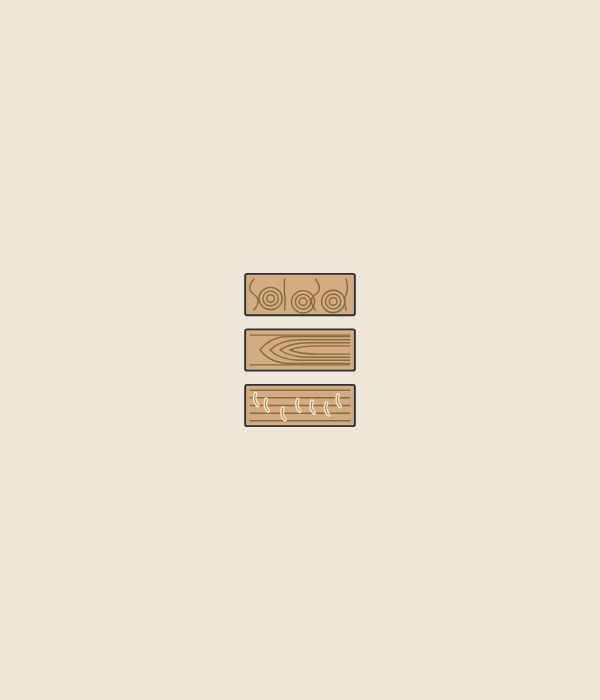 Illustration of three veneer leaves with random grain, cathedral grain and straight stripes with flakes