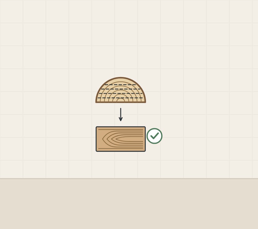 Illustration of a half log with slice lines, an arrow to a veneer leaf and a tick