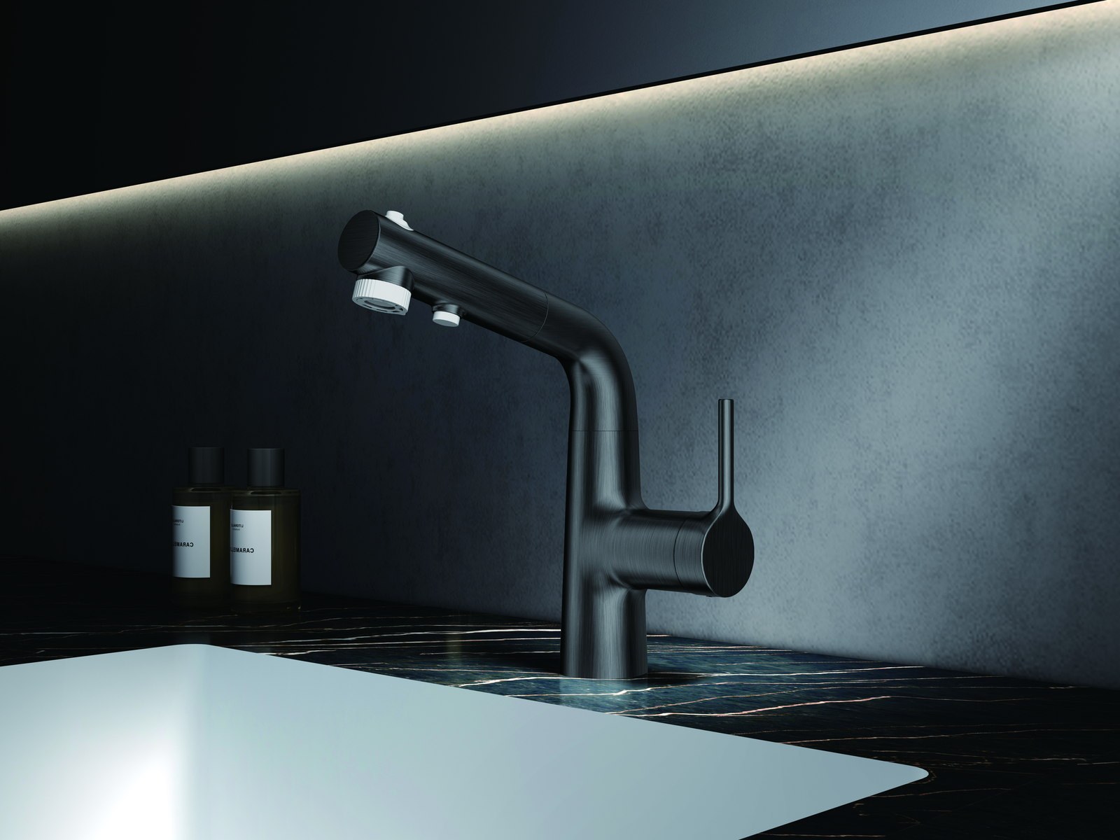 A pull-out basin faucet above an undermount basin