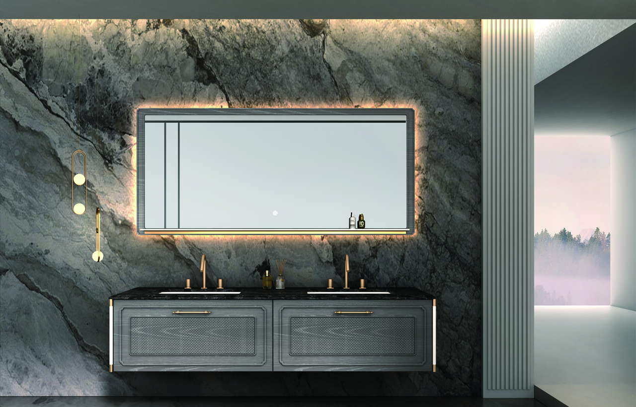 Complete bathroom vanity system with cabinet, basin, countertop, mirror, storage, and hardware