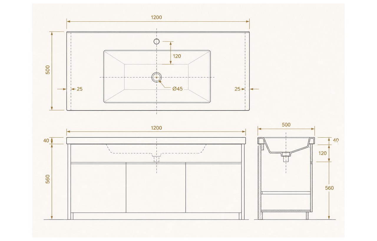 Technical elevation showing installation height and clearance beneath a wall-mounted vanity