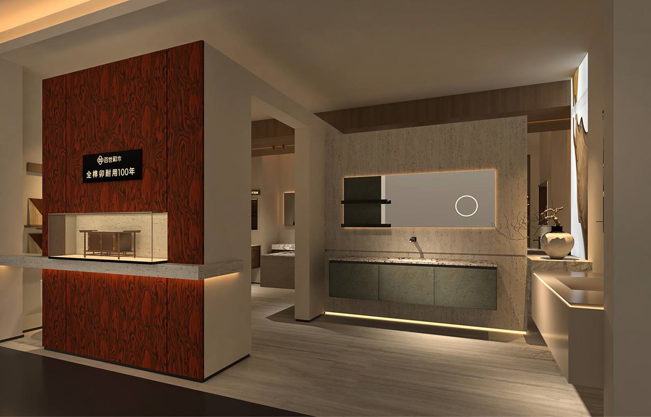 Floor-standing bathroom vanity with double sink, full-height cabinet storage, and a solid base touching the floor