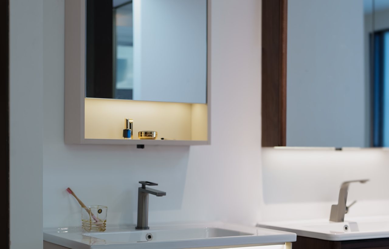 Wall-mounted bathroom vanity fixed to the wall with open floor clearance beneath