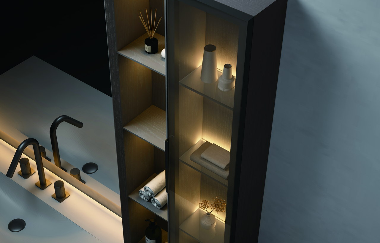 Bathroom vanity project material board with cabinet panels, wood finishes, countertop, basin, and hardware