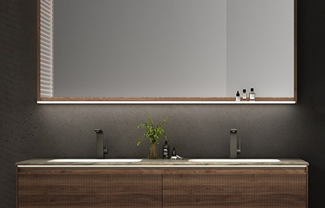 Wide double-sink wall-mounted vanity with two basins and a shared mirror