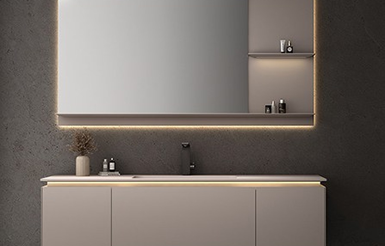 Single-sink and double-sink bathroom vanity units shown side by side in modern bathrooms