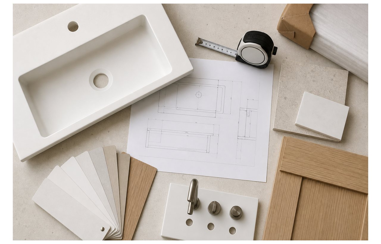 Basin, drawing and hardware samples laid out for vanity specification review