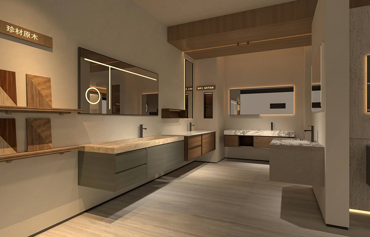 Open drawers of a wall-mounted vanity beside a floor-standing vanity with deep cabinet storage for bathroom supplies