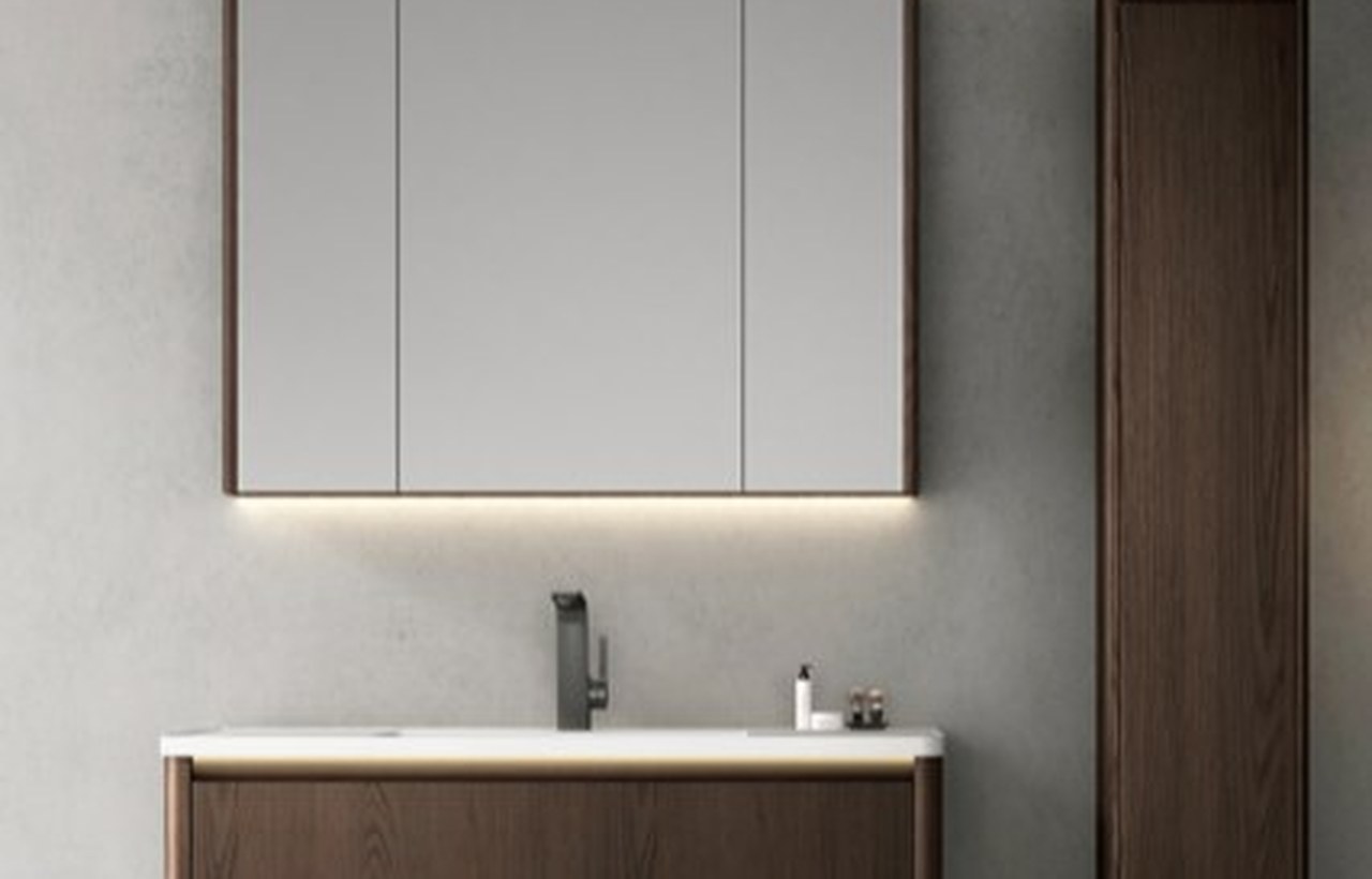 Wall-mounted bathroom vanity with open floor space, integrated basin, drawers, mirror, and wall fixing detail