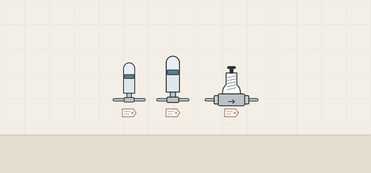 Illustration of two arresters and a pressure reducing valve, each on its own pipe with a product tag