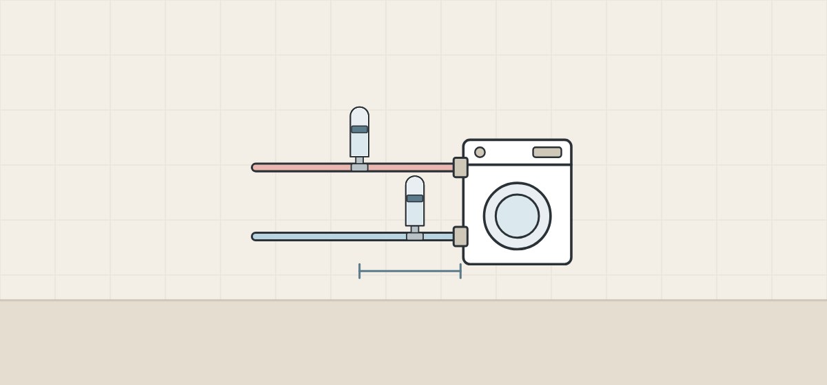 Illustration of a washing machine with an arrester on each of its two supply pipes, close to the machine