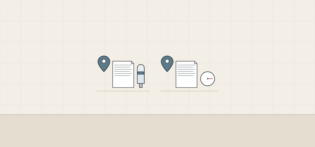 Illustration of two location pins with code documents, one beside an arrester and one beside a pressure gauge