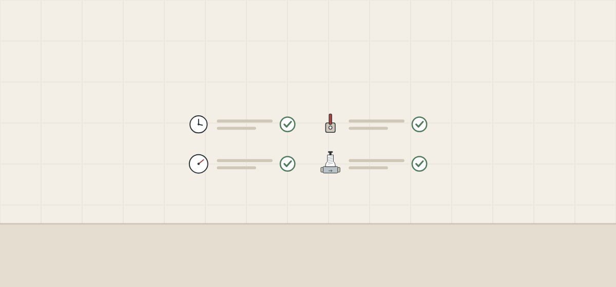 Illustration of a ticked checklist with a clock, a closed valve, a pressure gauge and a reducing valve