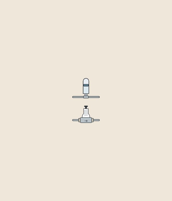 Illustration of a water hammer arrester standing on a pipe above a pressure reducing valve fitted in a pipe