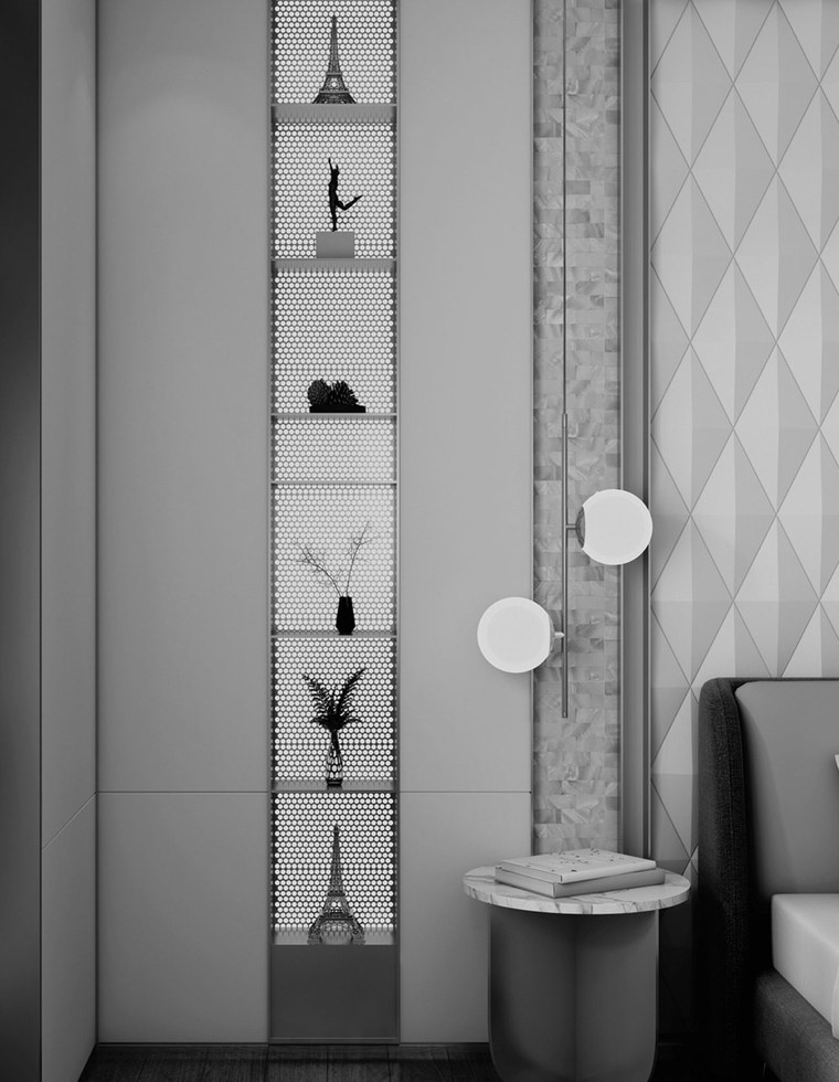 A tall vertical niche with shelves in a tiled wall