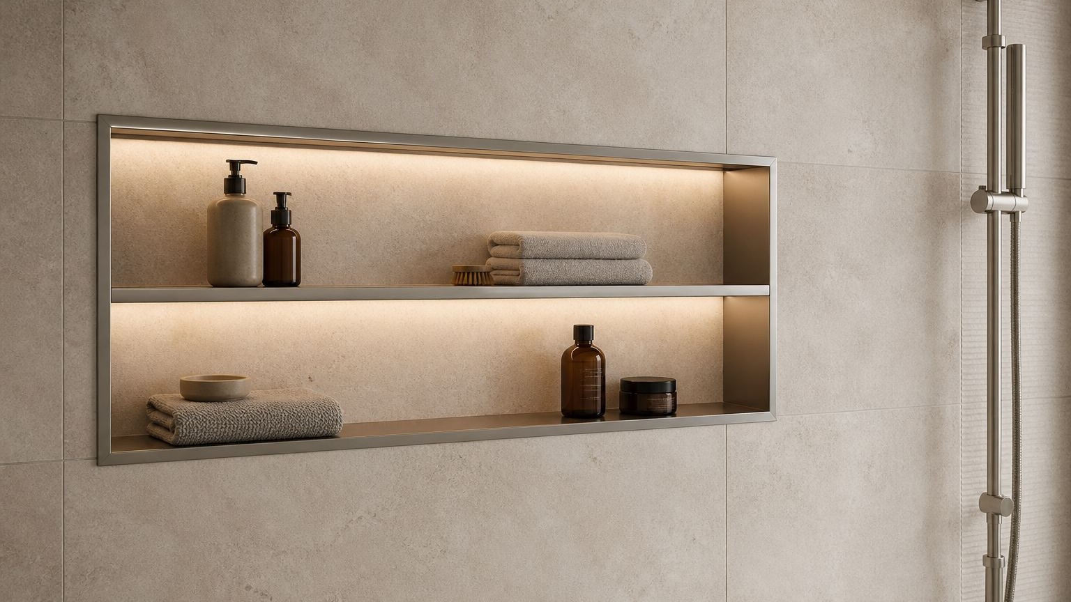 A wide horizontal niche with lit shelves holding bathroom items
