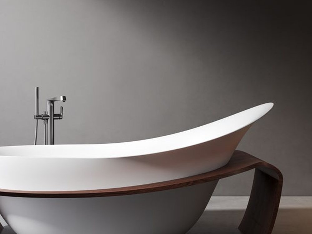 A compact soaking bathtub shown in a small bathroom
