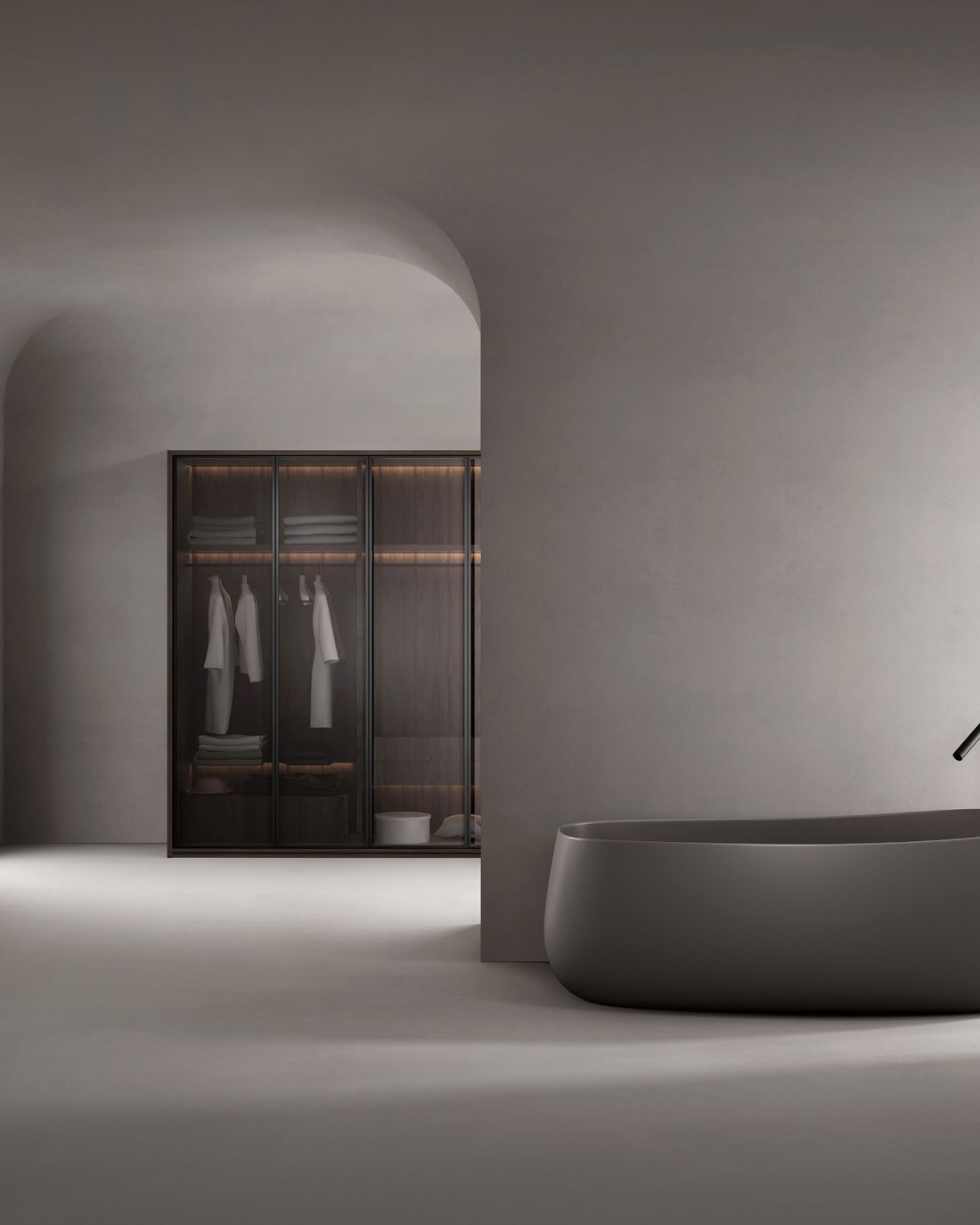 Solid surface freestanding bathtub with a seamless matte body and thick solid edge