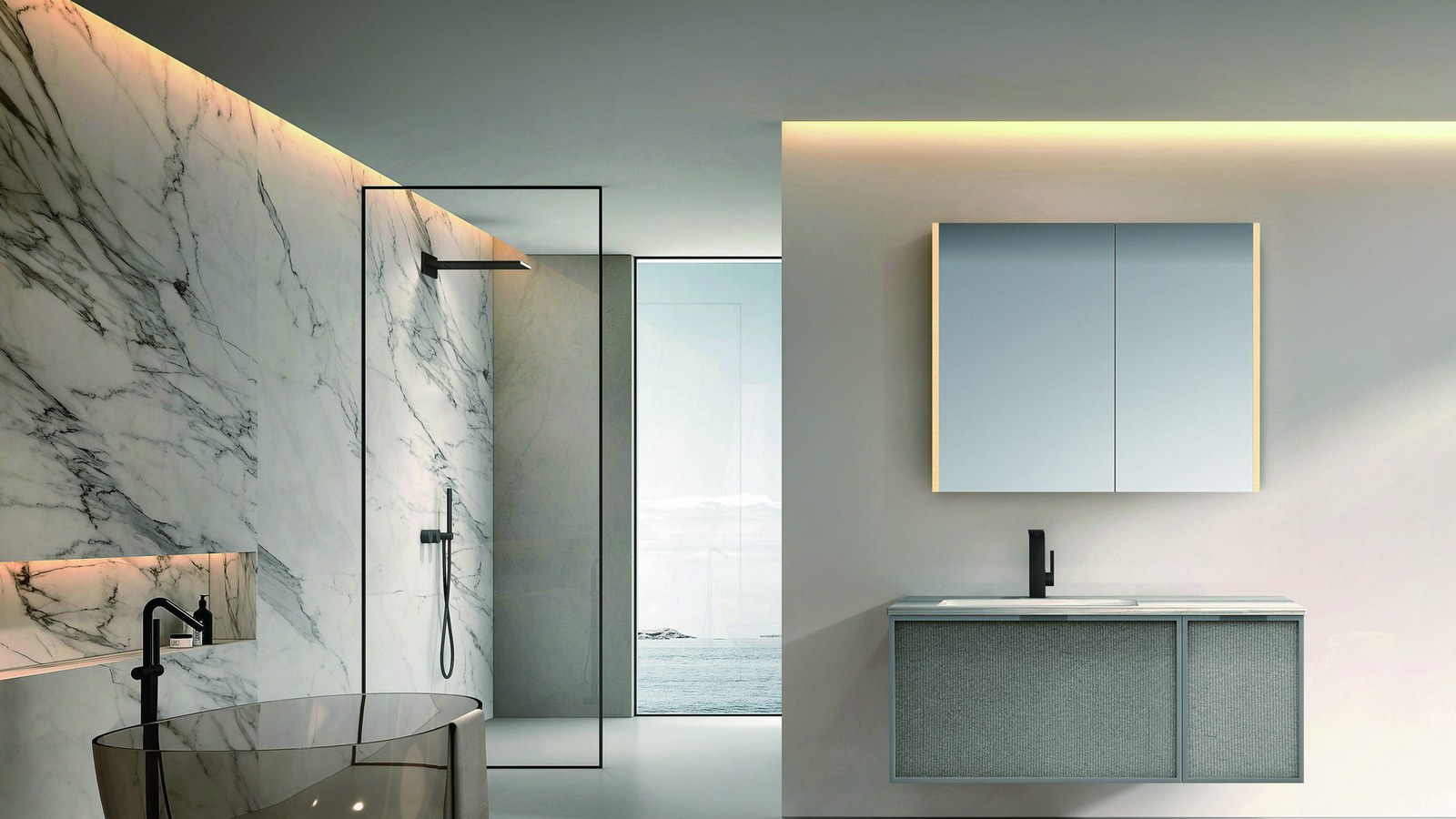 A walk-in screen in an open wet room