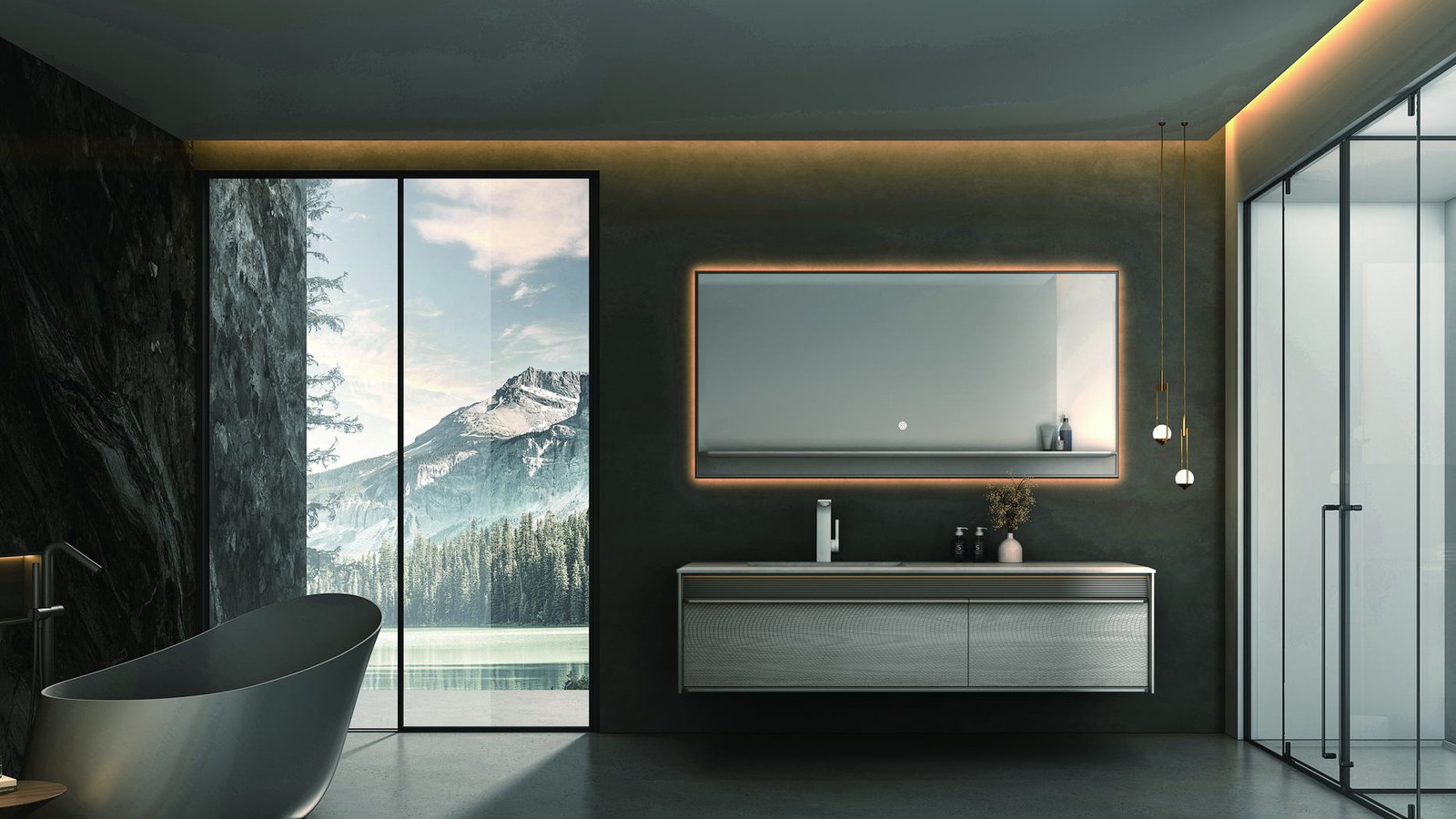 A bathroom with a freestanding tub beside a glass screen