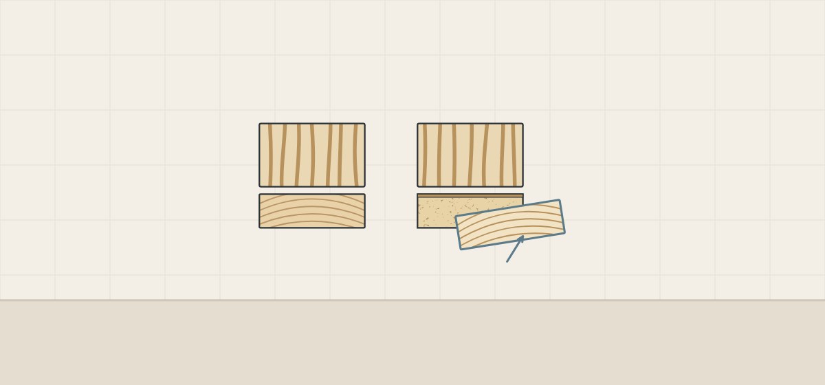 Illustration of a solid board end showing growth rings beside a chip-core panel whose end is covered by an end-grain-pattern band, half lifted