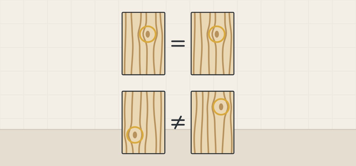 Illustration of two door faces with identical grain and knot position above two door faces whose grain and knots differ