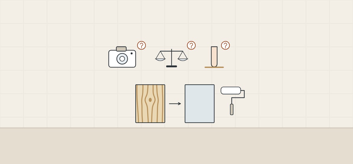 Illustration of a camera, a balance and a fingertip with question marks, above a grain-faced door and the same door under an opaque coat