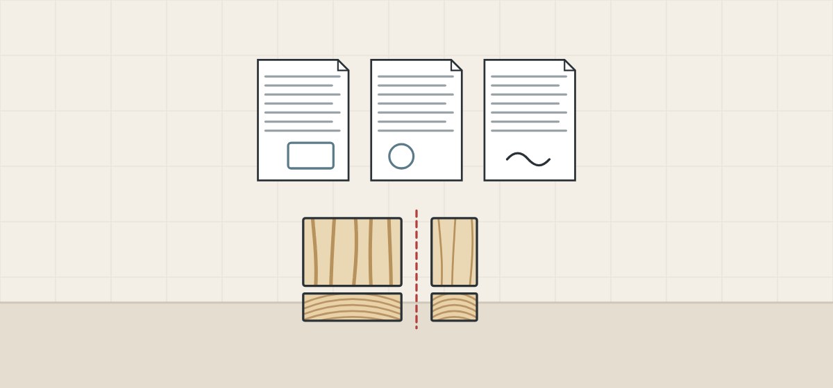 Illustration of three documents above a board cut in two, with growth rings on its cut edge