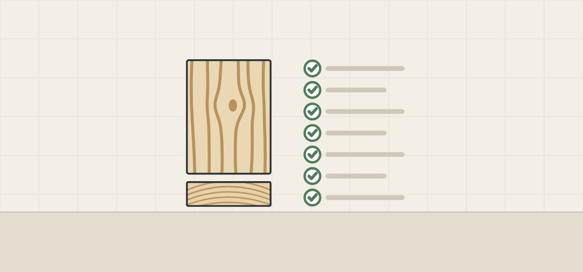 Illustration of a wood-grain face above its cut edge beside a checklist of seven checked lines
