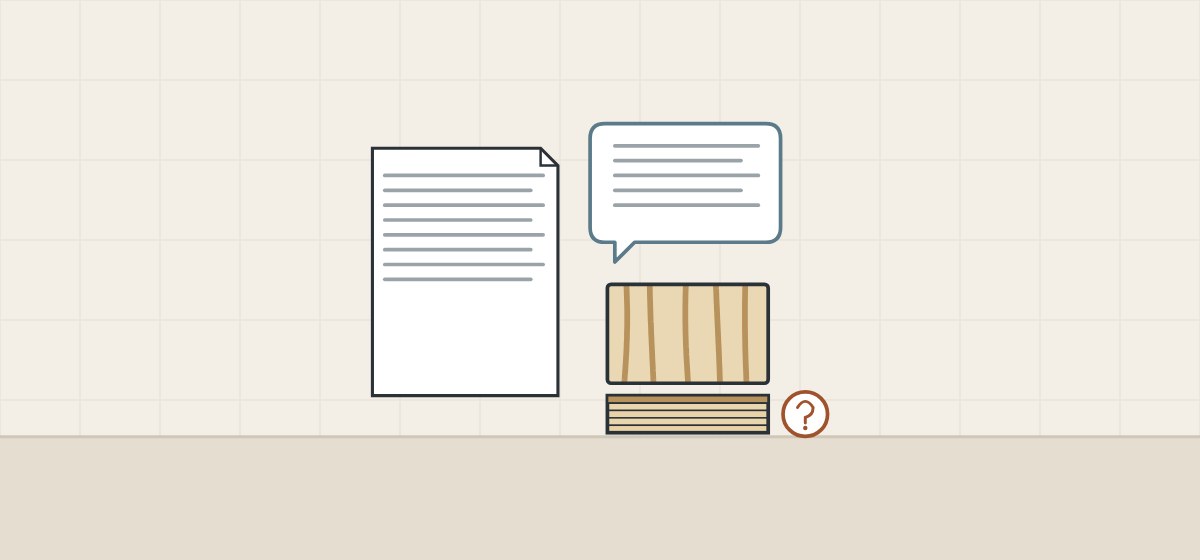 Illustration of a document, a message bubble and a wood-grain face above a layered cut edge with a question mark