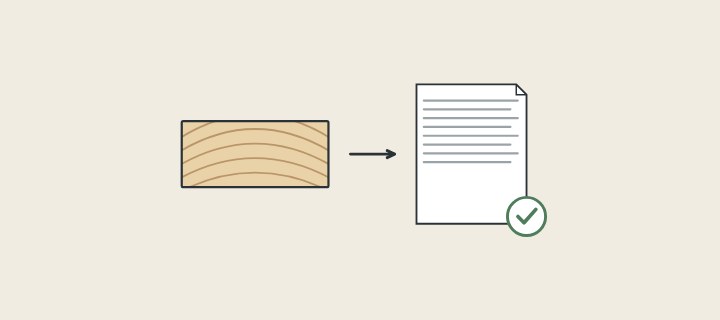 Illustration: a solid board end with growth rings and an arrow to a checked order sheet