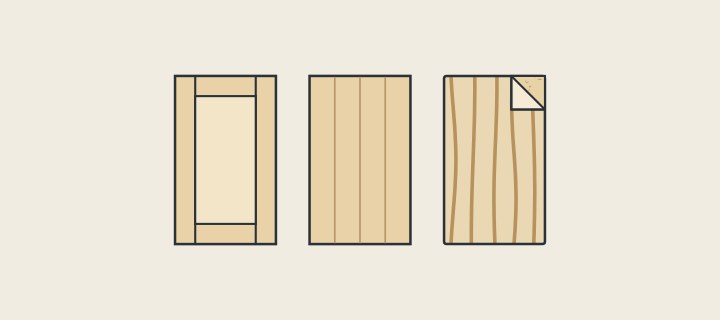 Illustration: three cabinet doors side by side: a framed panel, a slab of glued staves and a veneered door with a lifted corner