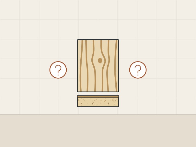 Illustration of a wood-grain face above a chip-core edge between two question marks