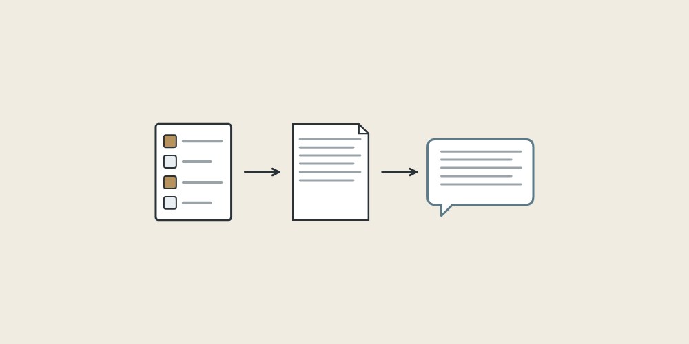 Illustration of a parts list with material swatches, a document and a message bubble linked by arrows