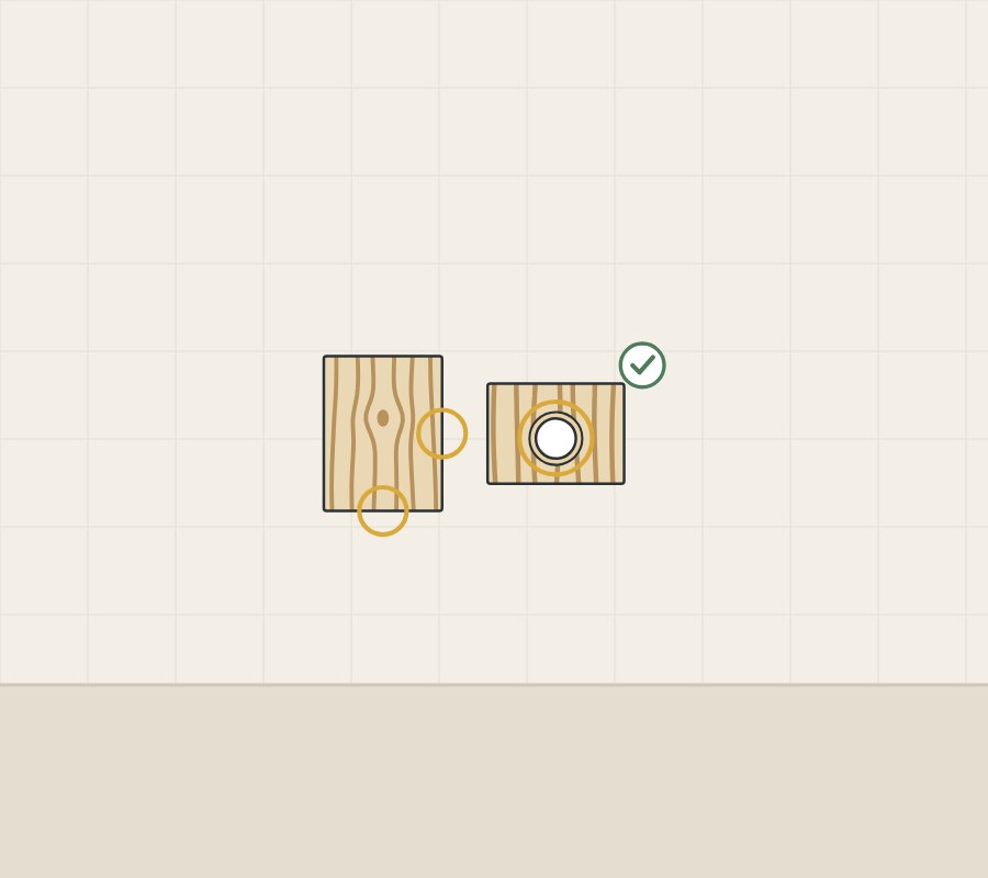 Illustration of a wood-grain face with its end and edge circled, a panel with its cut-out circled, and a check mark