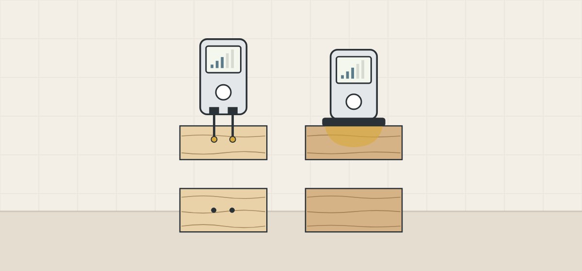 Illustration of a pin meter that leaves two pinholes in a board beside a pinless meter that reads a zone under its pad and leaves no mark
