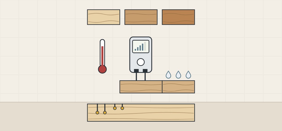 Illustration of three boards of different color, a thermometer beside a pin meter, droplets on a board surface and pins driven to two depths
