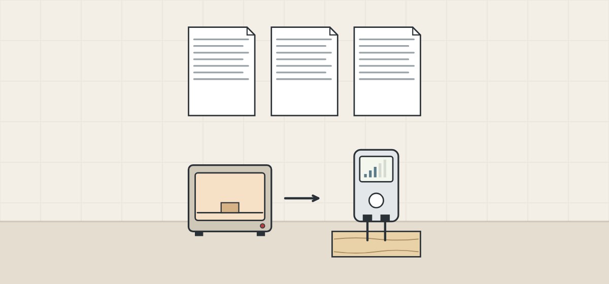Illustration of three standard documents above a drying oven with an arrow to a hand-held meter on a board