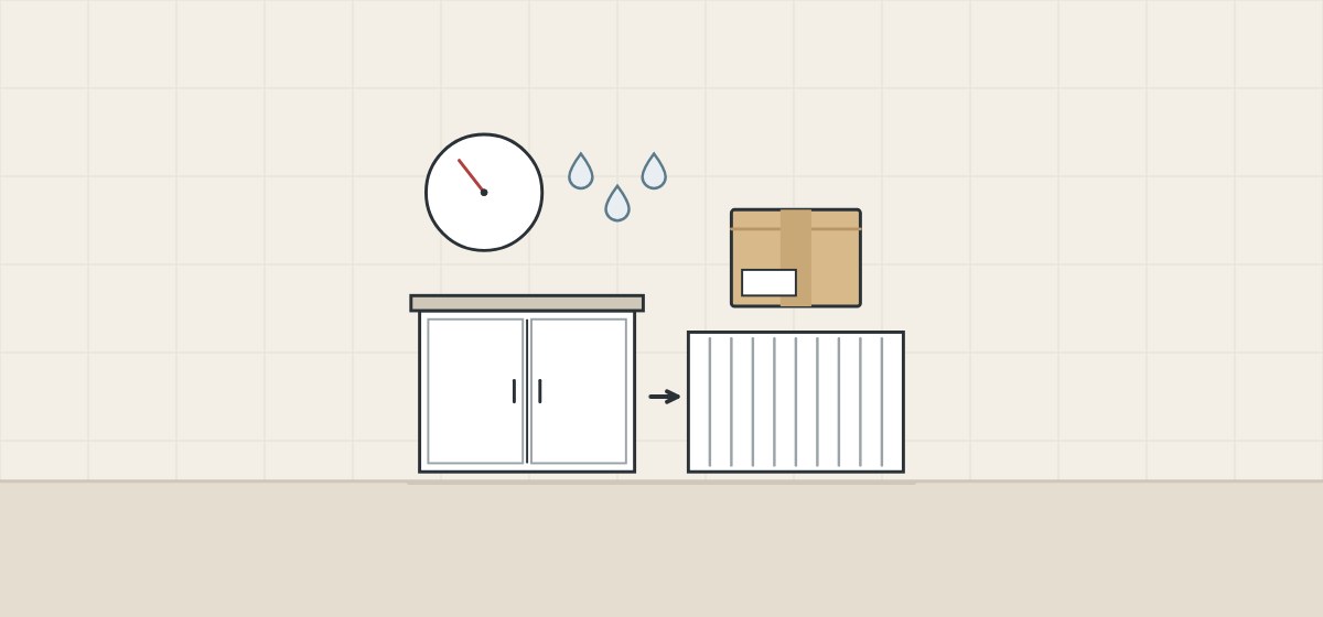 Illustration of a humidity dial and droplets above a cabinet beside a shipping container and a carton