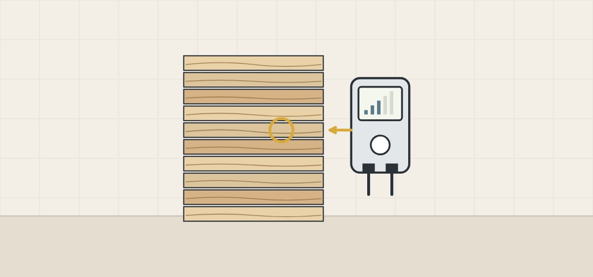 Illustration of a pile of ten wooden parts with one part ringed and a hand-held meter pointing to it