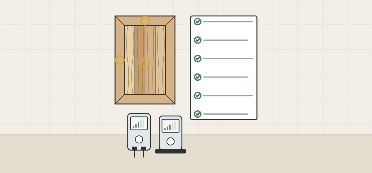 Illustration of a frame door with three ringed measuring spots, two meters and a record sheet with six checked lines