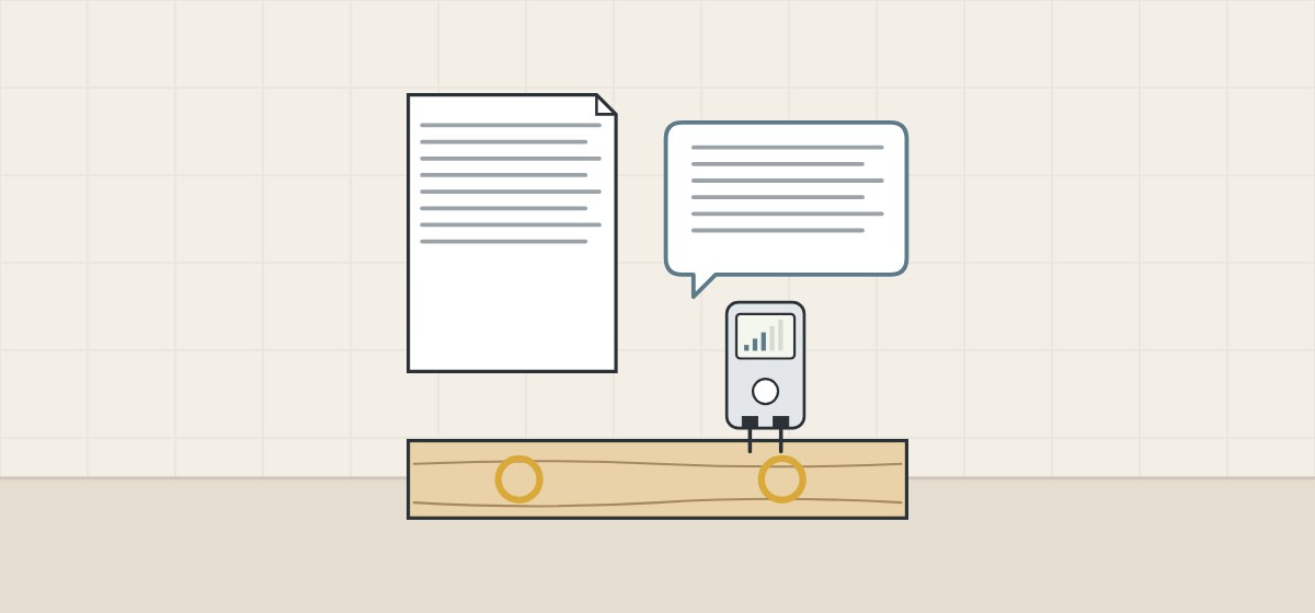 Illustration of a document, a message bubble, a board with two ringed spots and a small hand-held meter