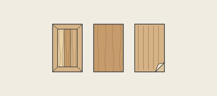 Illustration: three cabinet doors side by side: a framed panel, a solid slab and a veneered door with a lifted corner
