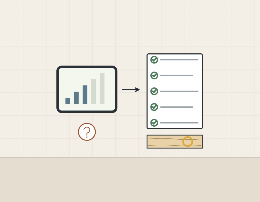 Illustration of a meter display with a question mark beside a record sheet with checked lines and a board with one marked spot