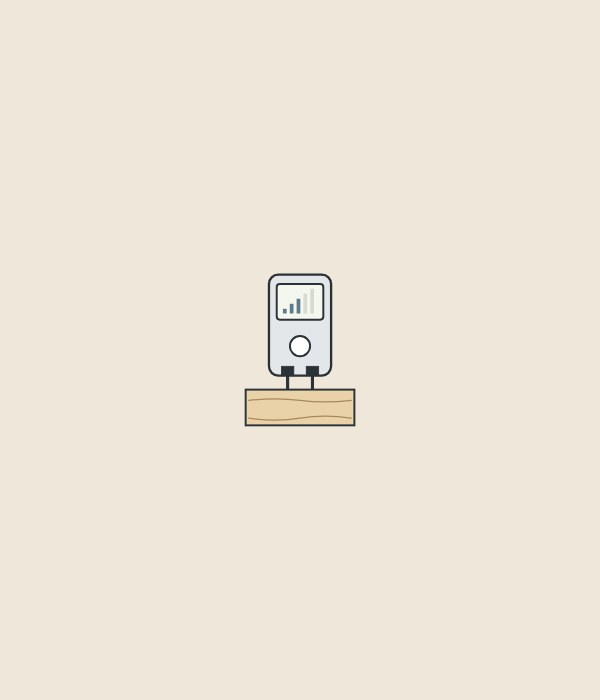 Illustration of a hand-held pin meter showing a bar graph and no number, its two pins pushed into a wooden board