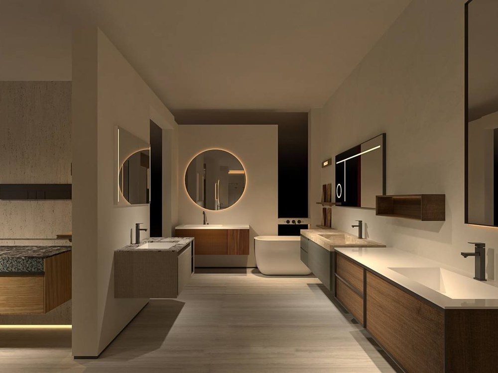 Designer bathroom with a custom wall-hung vanity and mirror run